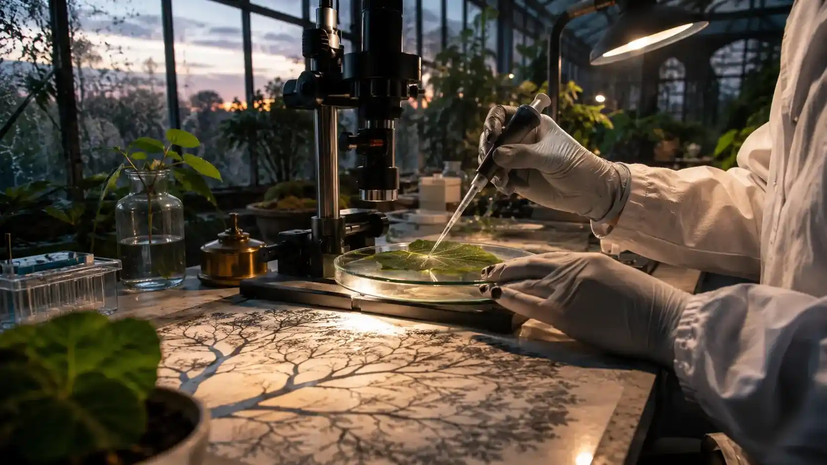 Scientist working with a living leaf sample in a greenhouse laboratory