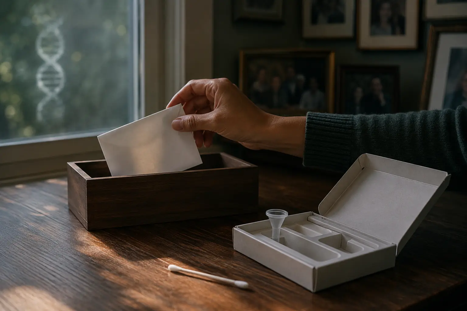 A home DNA testing kit connected to a network of family identities