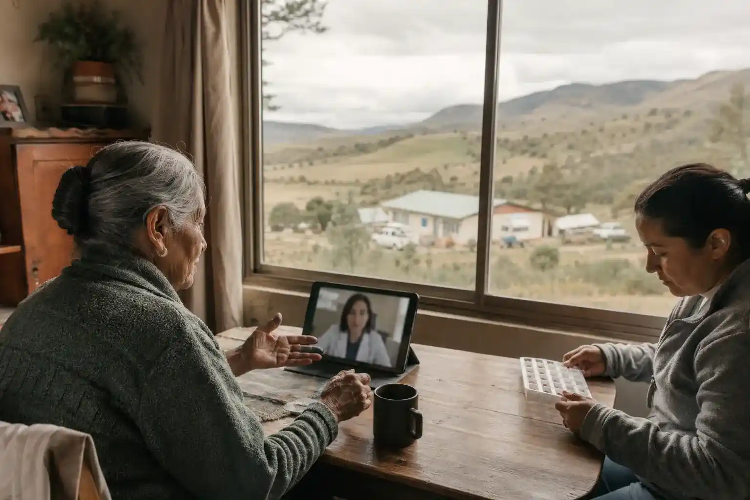 A patient consulting a distant clinician through a divided landscape