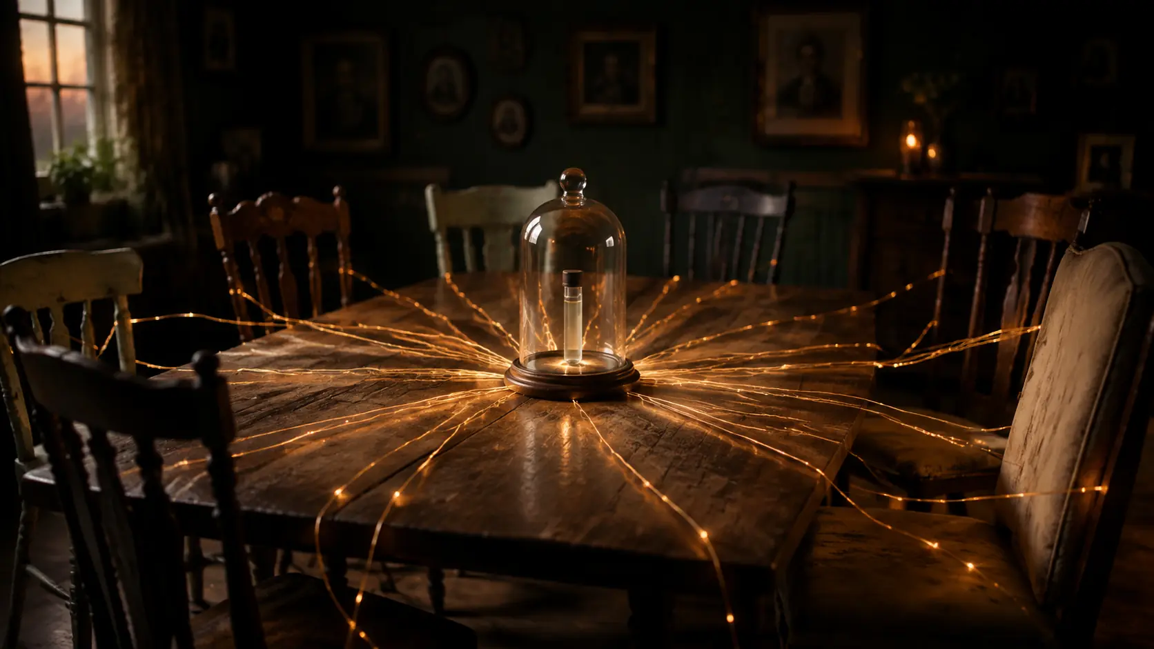 One DNA sample connected by light to chairs around a family table