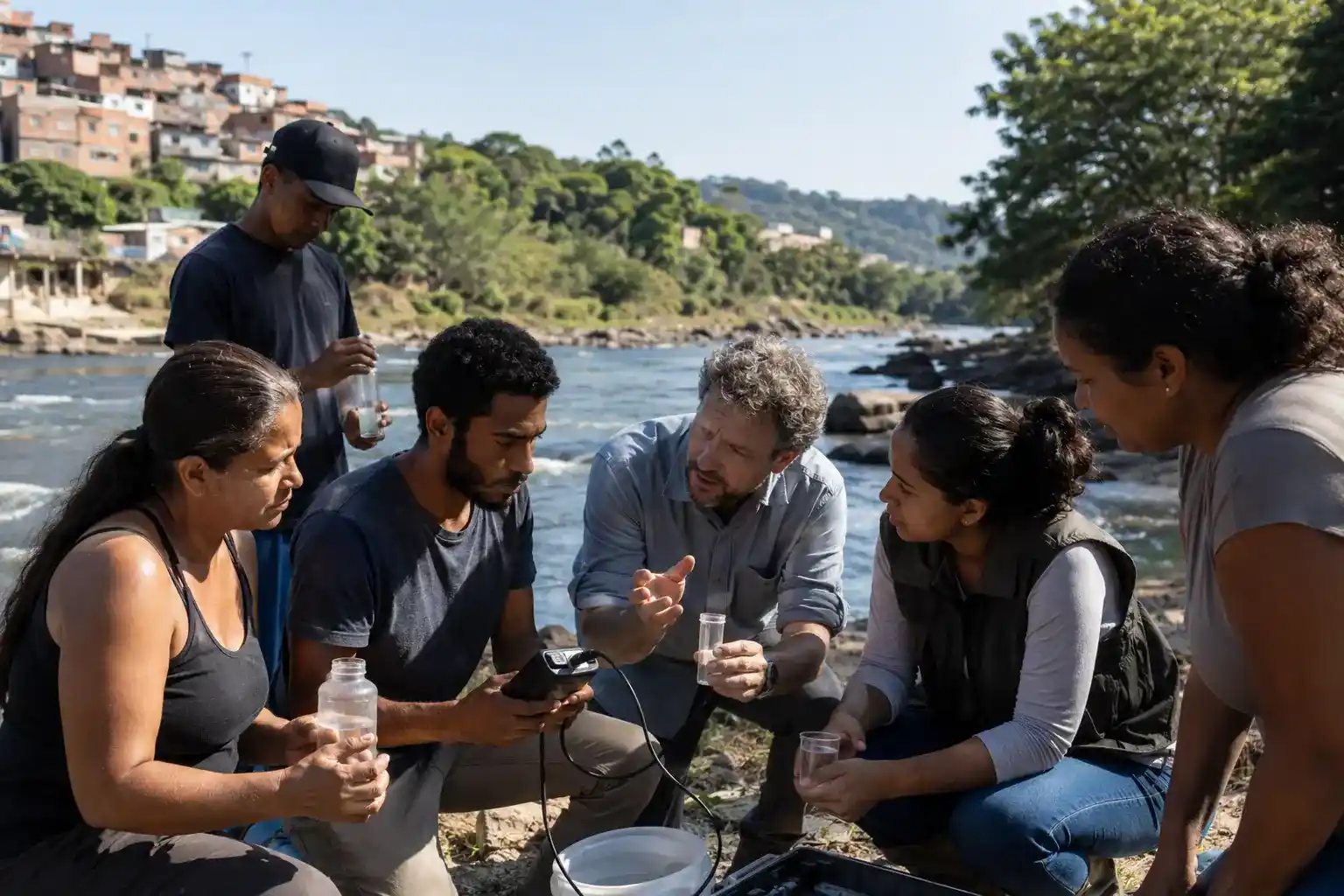Researchers and residents examining a river water sample together
