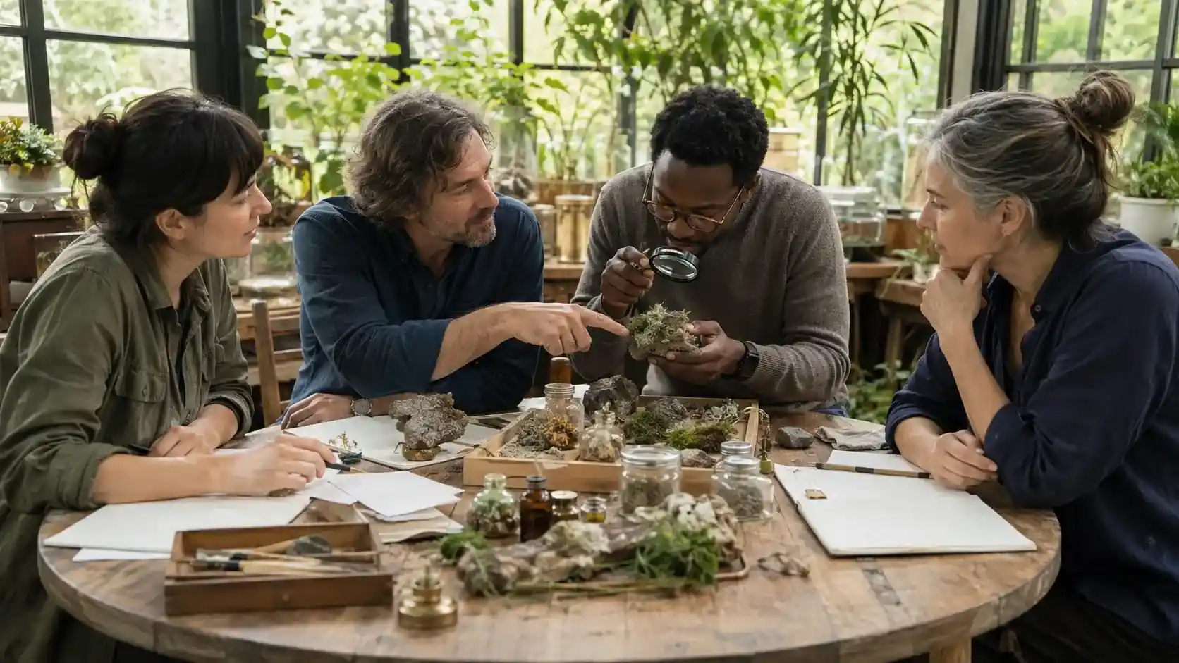 Scientists exchanging competing ideas around a shared table